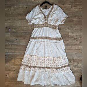 White and Tan Lace Maxi Dress